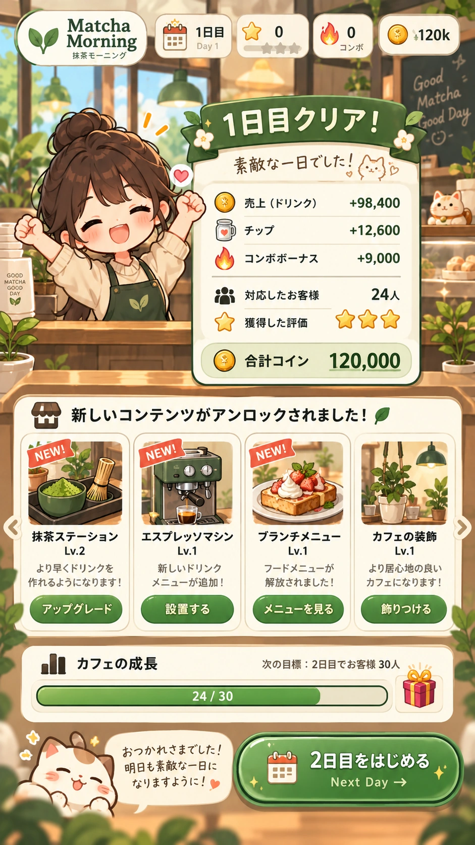 Matcha Morning — AI Café Management Game — progress screen