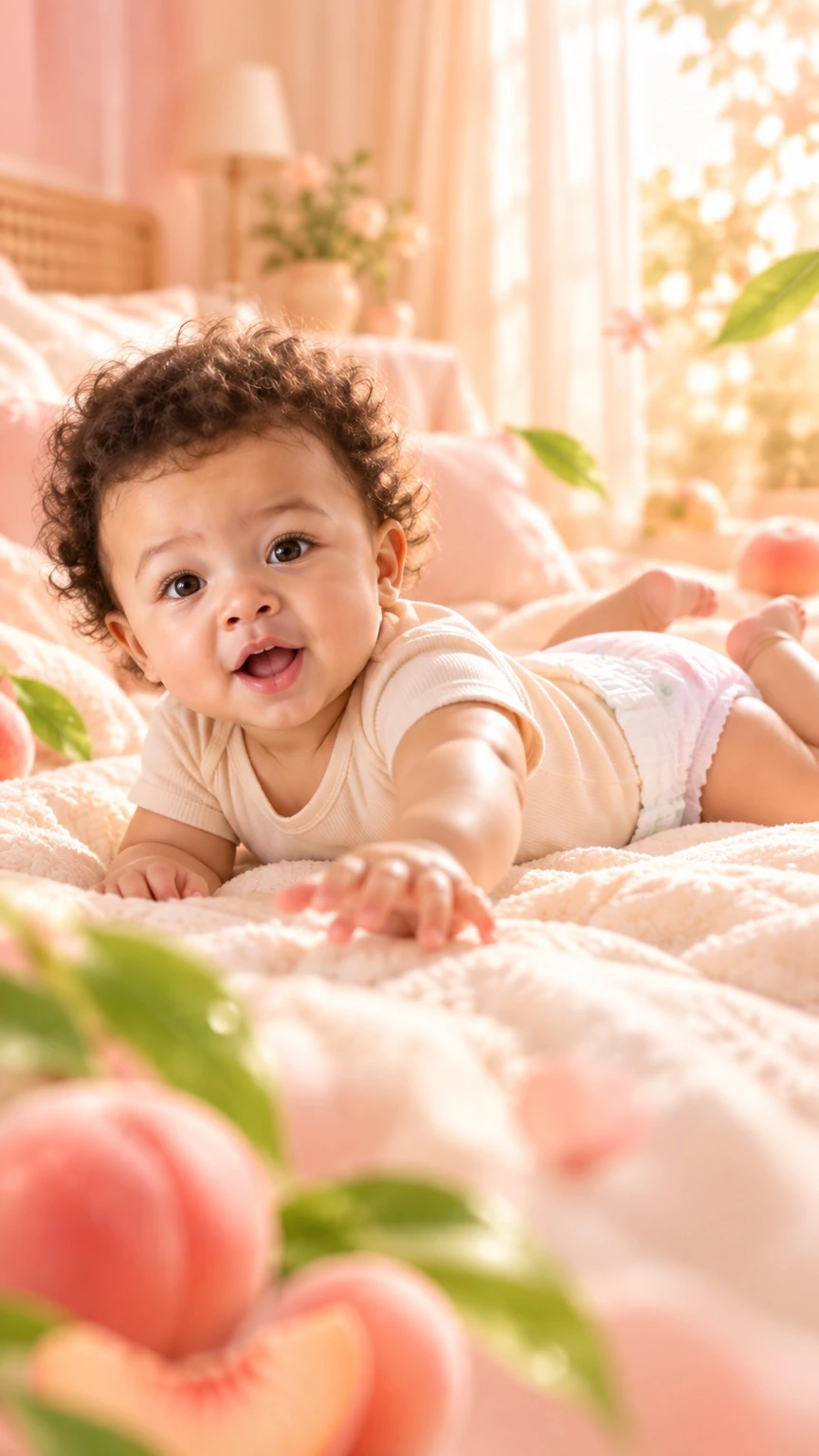 Huggies Naturemade Peach — Lifestyle frame / baby in warm peach bedroom