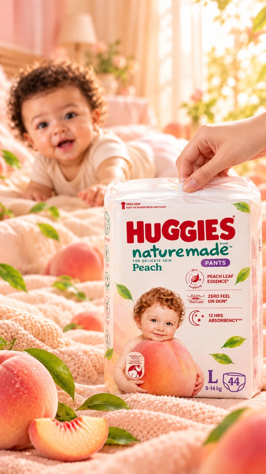 Huggies Naturemade Peach — Product handling / Huggies Naturemade Peach pack